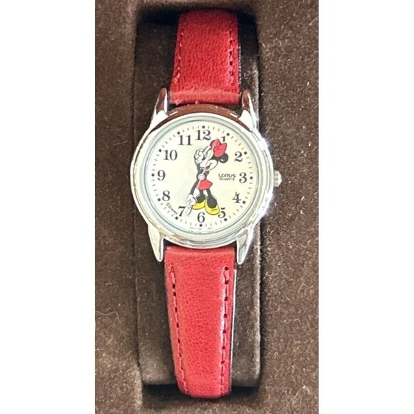 Lorus Minnie Mouse Watch Gold Tone Red Leather Band Disney Works 7.5" - Picture 1 of 6